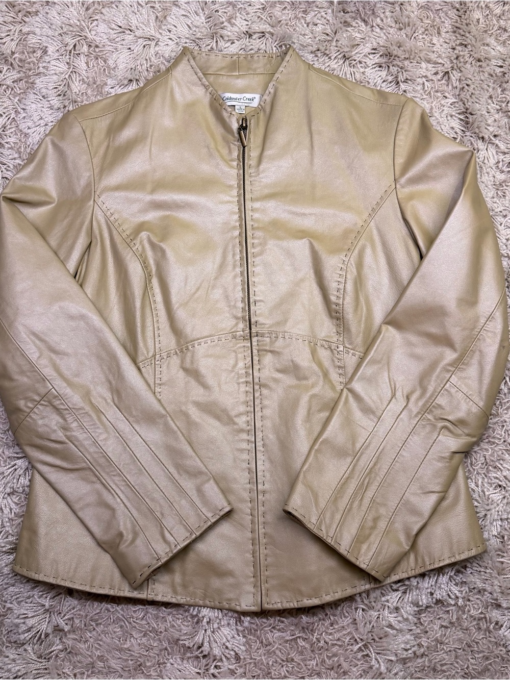 Coldwater Creek Women’s L Genuine Leather Jacket Champagne Cream Zip Stitch